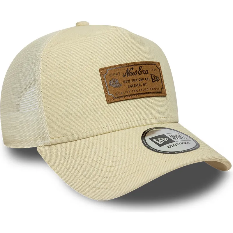 beige-trucker-keps-a-frame-denim-leather-patch-fran-new-era