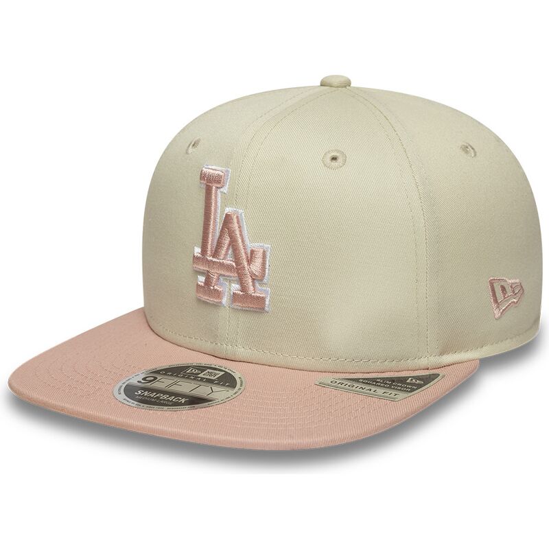 new-era-flat-brim-pink-logo-9fifty-original-fit-world-series-patch-los-angeles-dodgers-mlb-beige-snapback-cap