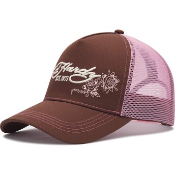 Gorra trucker marrón y rosa Skull And Roses de Ed Hardy