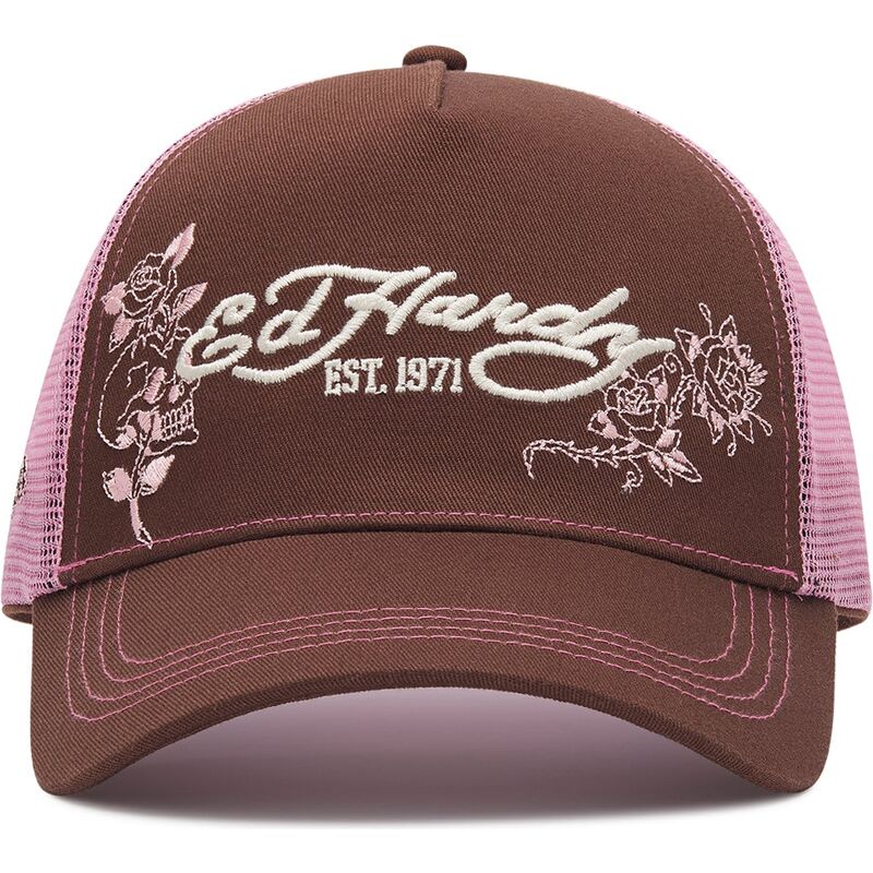 gorra-trucker-marron-y-rosa-skull-and-roses-de-ed-hardy