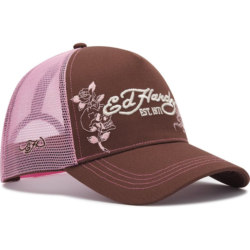 gorra-trucker-marron-y-rosa-skull-and-roses-de-ed-hardy