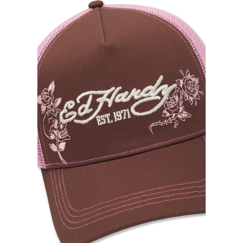 ed-hardy-skull-and-roses-brown-and-pink-trucker-hat ed-hardy-skull-and-roses-brown-and-pink-trucker-hat