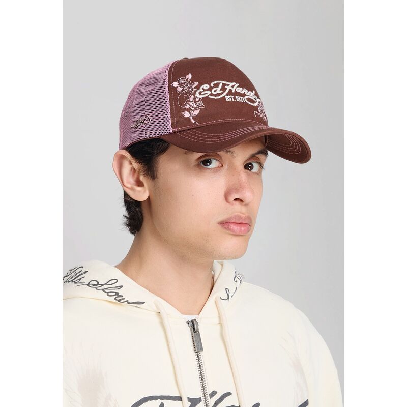 gorra-trucker-marron-y-rosa-skull-and-roses-de-ed-hardy