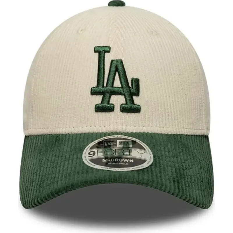 new-era-curved-brim-green-logo-9forty-m-crown-cord-los-angeles-dodgers-mlb-beige-and-green-snapback-cap