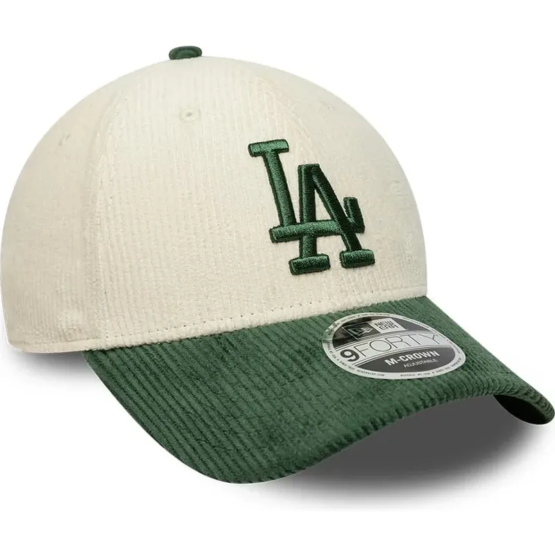 gorra-curva-beige-y-verde-snapback-con-logo-verde-9forty-m-crown-cord-de-los-angeles-dodgers-mlb-de-new-era