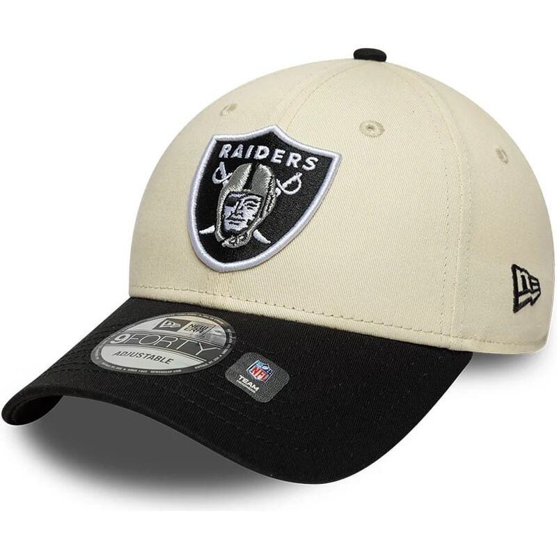 new-era-curved-brim-9forty-colour-block-las-vegas-raiders-nfl-beige-and-black-adjustable-cap