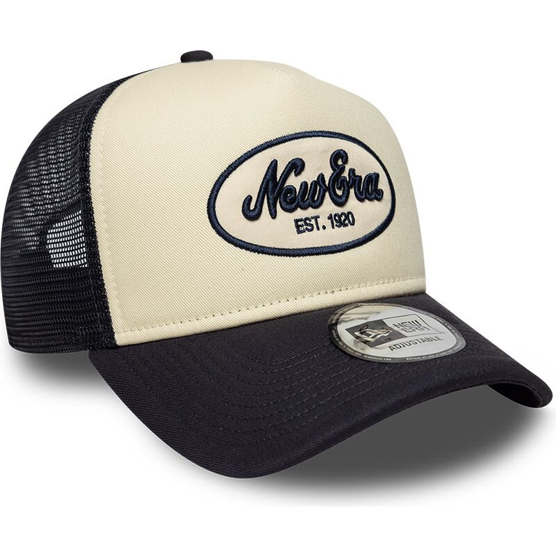 new-era-a-frame-oval-foam-patch-navy-blue-and-beige-trucker-hat new-era-a-frame-oval-foam-patch-navy-blue-and-beige-trucker-hat