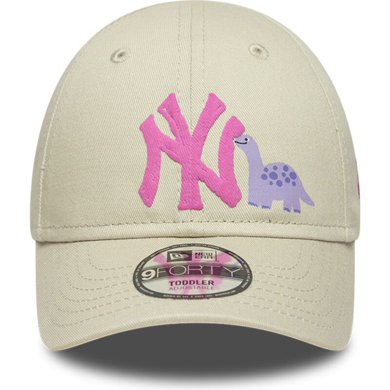 new-era-curved-brim-youth-pink-logo-9forty-dino-icon-new-york-yankees-mlb-beige-adjustable-cap
