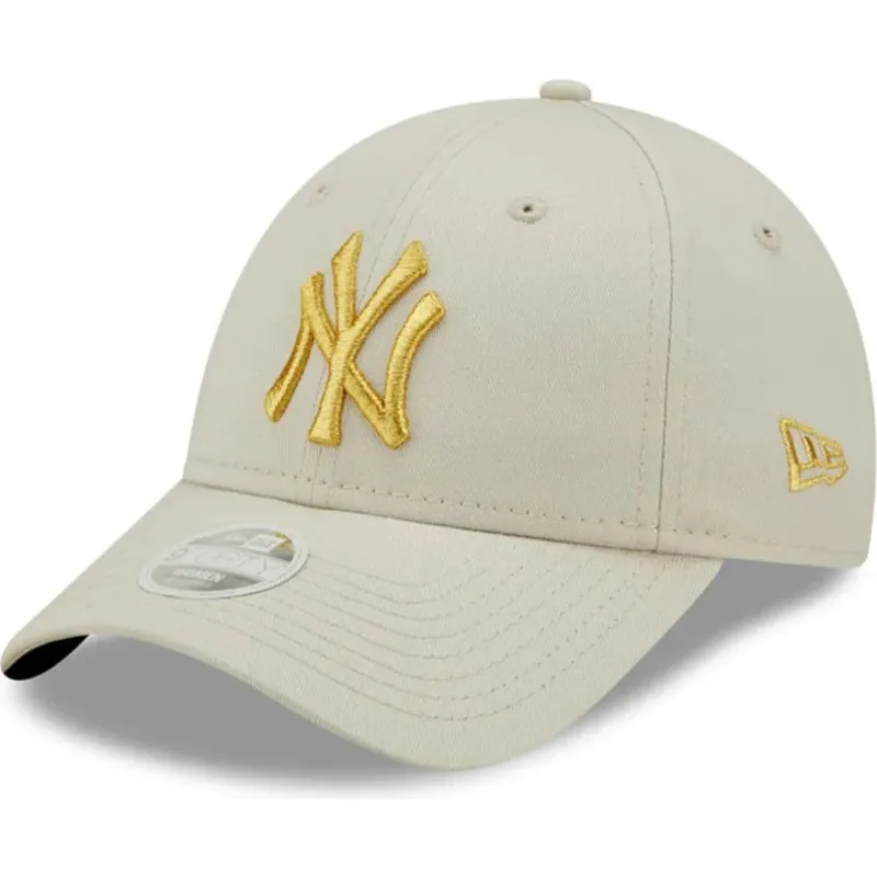 new-era-curved-brim-women-golden-logo-9forty-metallic-logo-new-york-yankees-mlb-beige-adjustable-cap