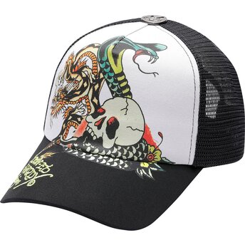 Gorra trucker negra y blanca Snake And Skull de Ed Hardy