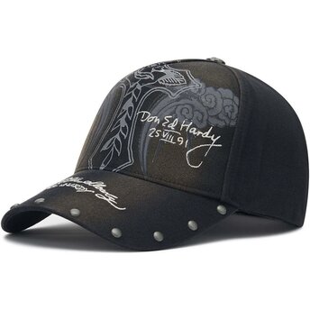Gorra curva negra ajustable Storming Rose Washed de Ed Hardy
