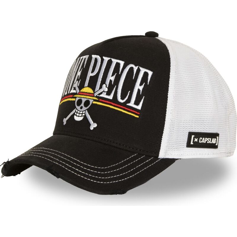 capslab-straw-hat-pirates-op8-one-one-piece-black-and-white-trucker-hat capslab-straw-hat-pirates-op8-one-one-piece-black-and-white-trucker-hat