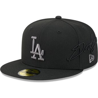 New Era Flat Brim Grey Logo 59FIFTY Side Script Los Angeles Dodgers MLB Black Fitted Cap