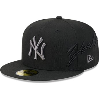 New Era Flat Brim Grey Logo 59FIFTY Side Script New York Yankees MLB Black Fitted Cap