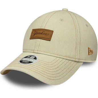 New Era Curved Brim Brown Logo 9TWENTY Denim New York Yankees MLB Beige Adjustable Cap