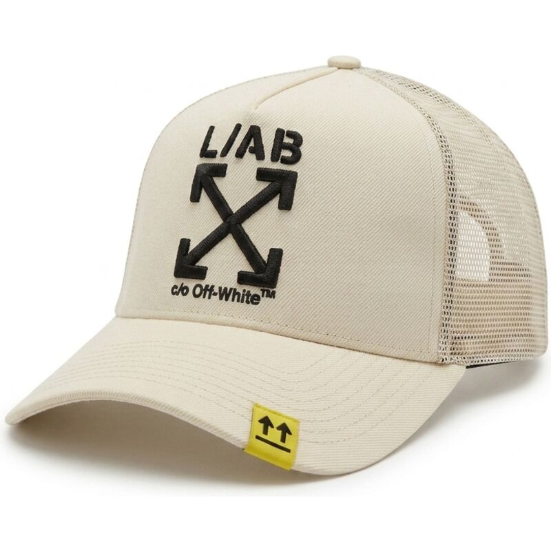 l-ab-c-o-off-white-black-logo-clamp-arrows-beige-trucker-hat l-ab-c-o-off-white-black-logo-clamp-arrows-beige-trucker-hat