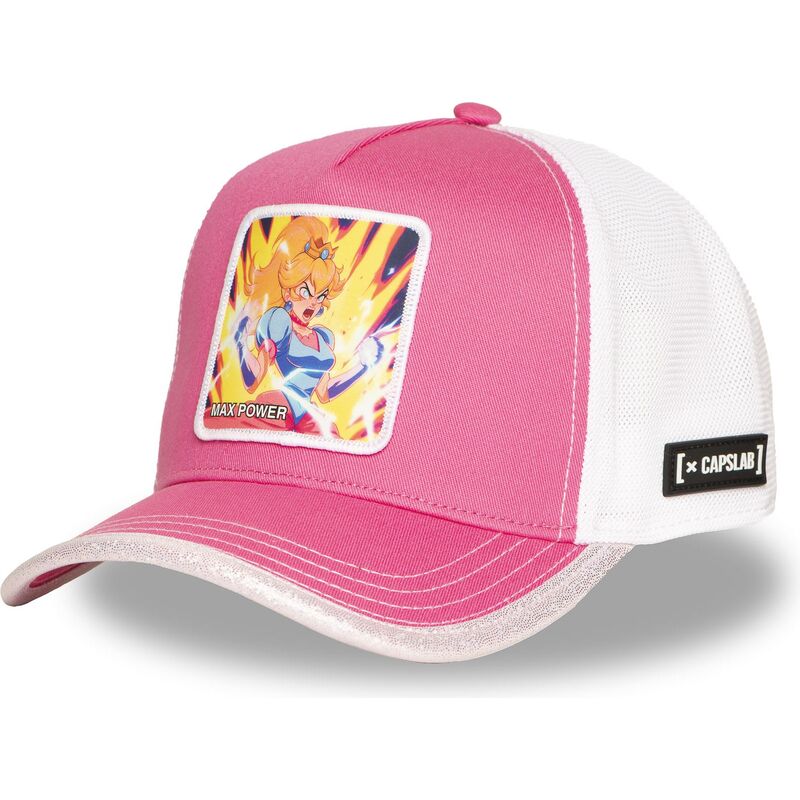 capslab-princess-peach-pri7-max-power-super-mario-bros-pink-and-white-trucker-hat capslab-princess-peach-pri7-max-power-super-mario-bros-pink-and-white-trucker-hat