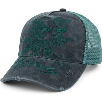 Gorra trucker negra y verde Outline Dragon Distressed de Ed Hardy