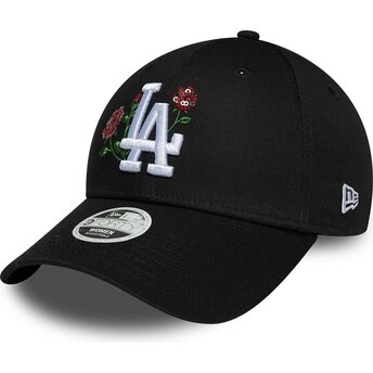 Gorra curva negra snapback para mujer 9FORTY Rose Sequin de Los Angeles Dodgers MLB de New Era