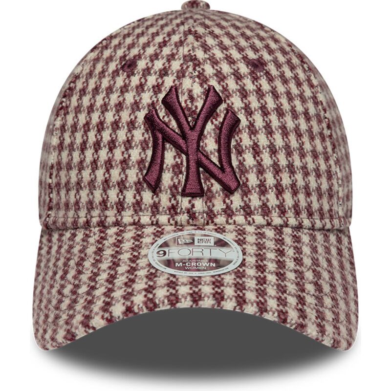 gorra-curva-granate-y-beige-ajustable-para-mujer-con-logo-granate-9forty-m-crown-houndstooth-de-new-york-yankees-mlb-de-new-era