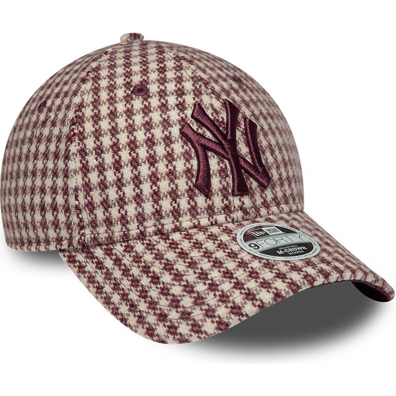 gorra-curva-granate-y-beige-ajustable-para-mujer-con-logo-granate-9forty-m-crown-houndstooth-de-new-york-yankees-mlb-de-new-era