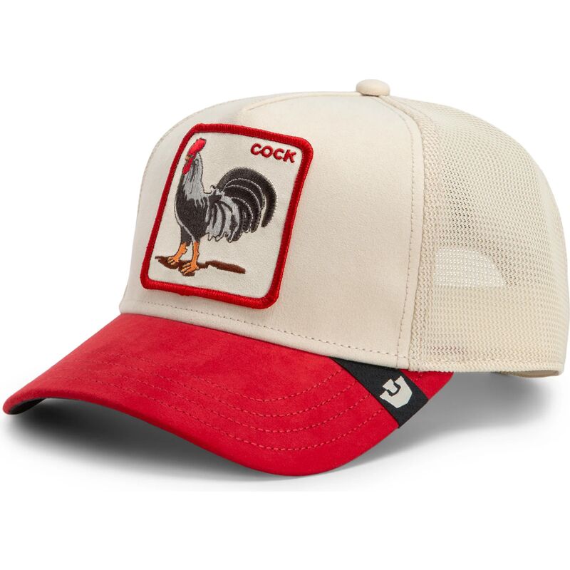 gorra-trucker-roja-y-beige-gallo-the-suede-rooster-microsuede-cock-the-farm-de-goorin-bros