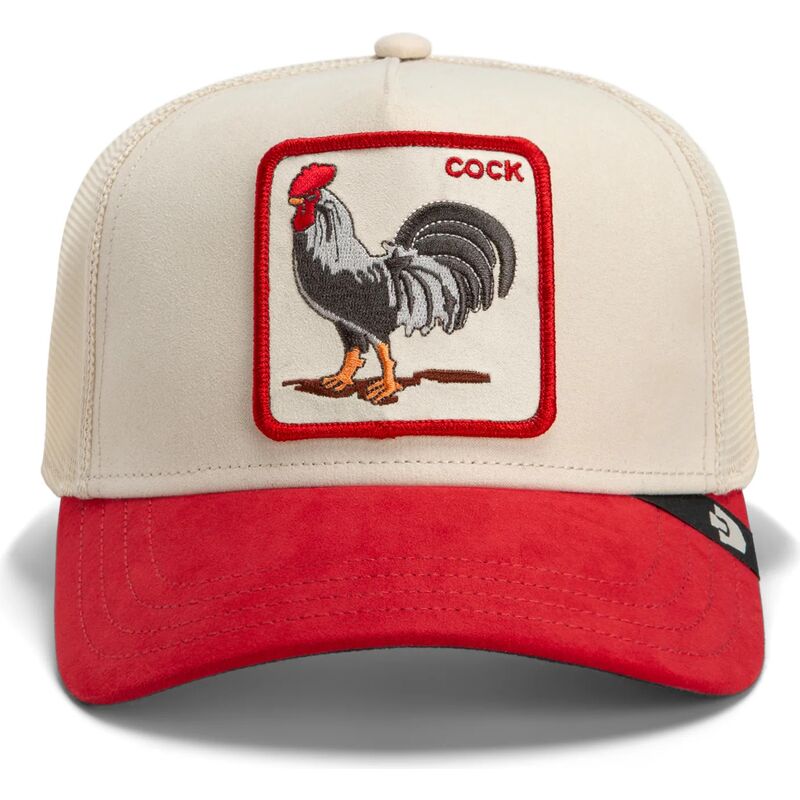 gorra-trucker-roja-y-beige-gallo-the-suede-rooster-microsuede-cock-the-farm-de-goorin-bros