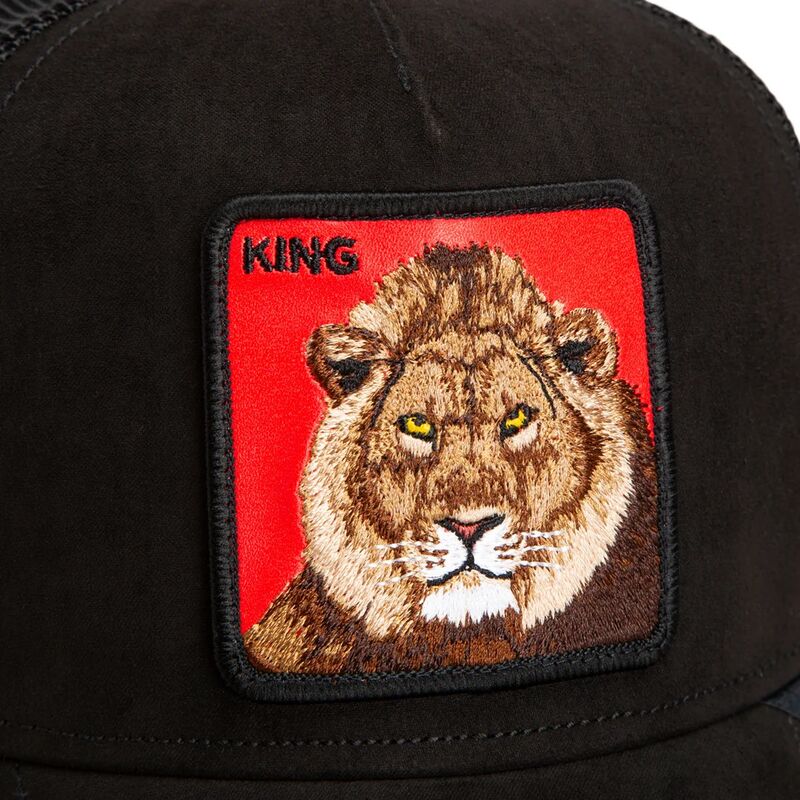 gorra-trucker-negra-y-roja-leon-re-leone-rosso-microsuede-king-the-farm-de-goorin-bros