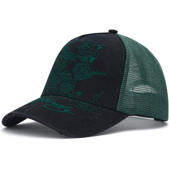 Gorra trucker negra y verde Outline Dragon Distressed de Ed Hardy